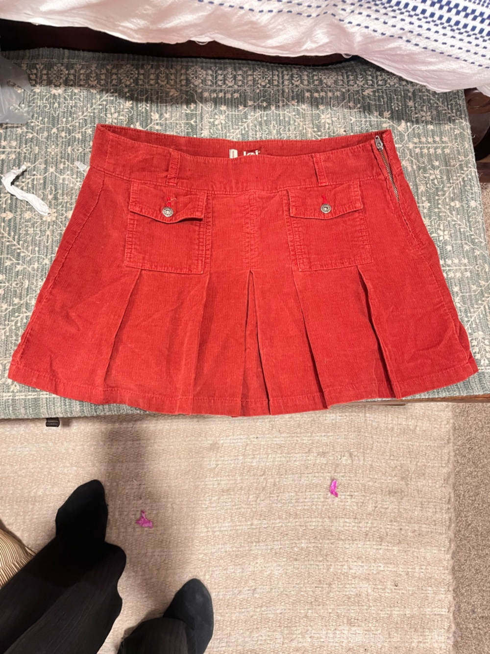 LEI Rust Red Corduroy Pleated Mini Skirt with Front Flap Pockets